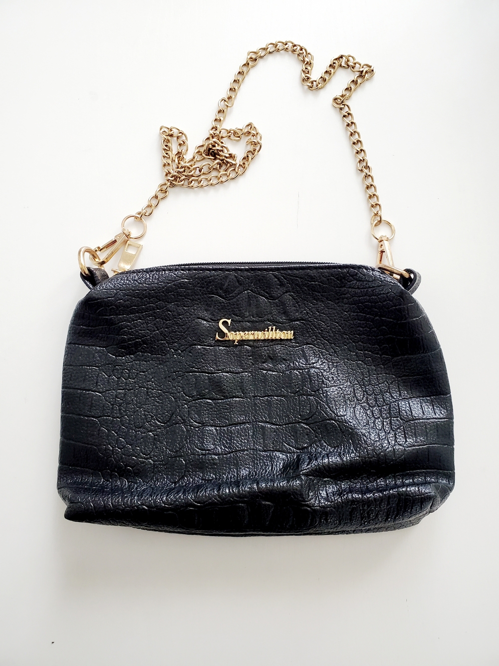Black Croc-Embossed Chain Crossbody Bag